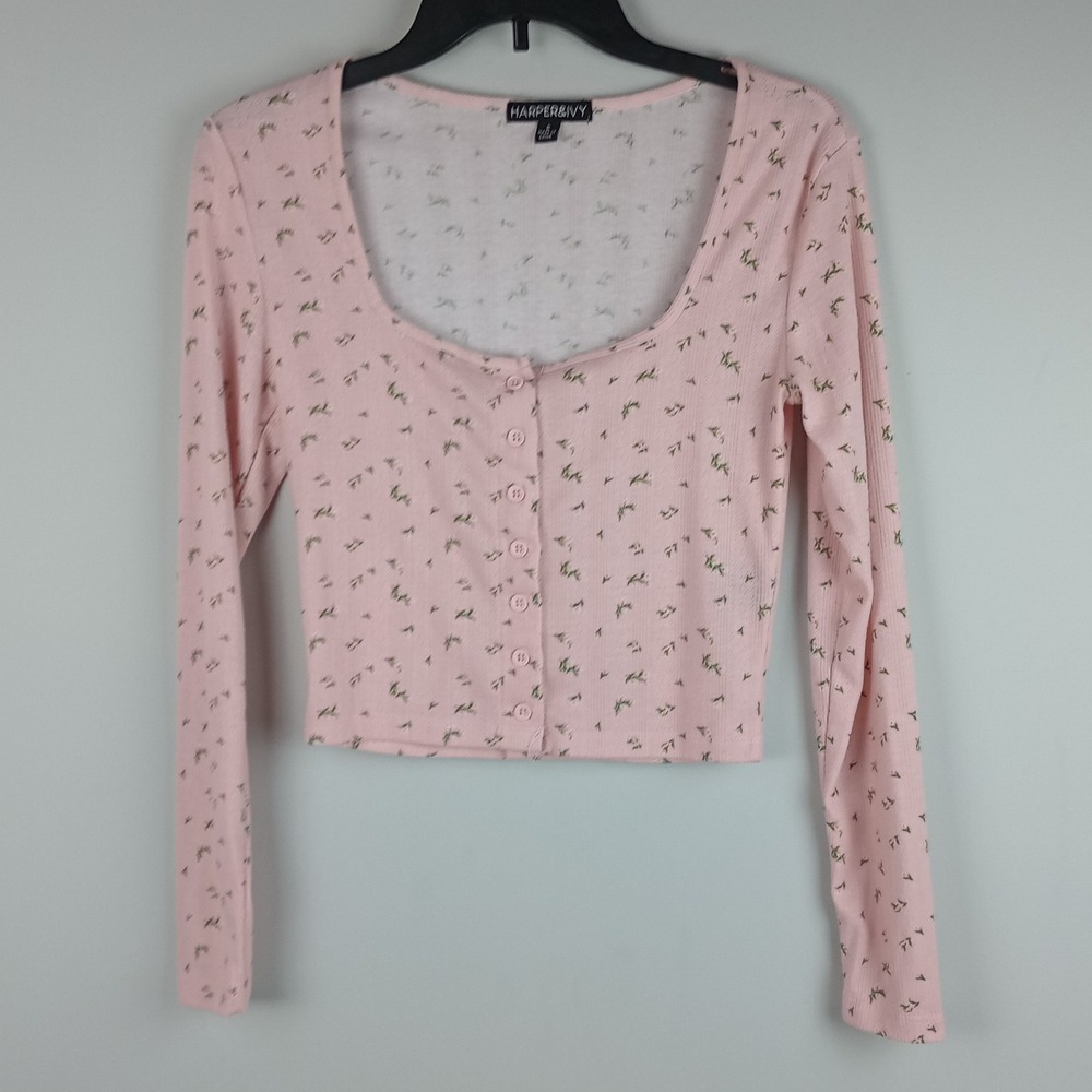 Harper&Ivy Women S Pink Ribbed Floral Long Sleeve Button Front Crop Cardigan Top